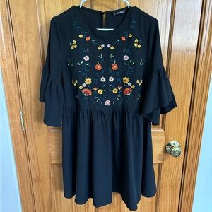 Black quarter sleeve dress with floral stitching, size small